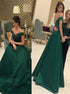 A Line Emerald Green Off Shoulder Satin Beadings Prom Dress LBQ4167